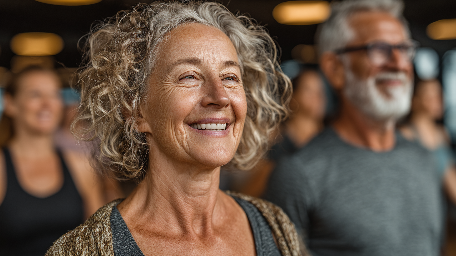 Grup de adulți activi practicând exerciții de fitness în natură