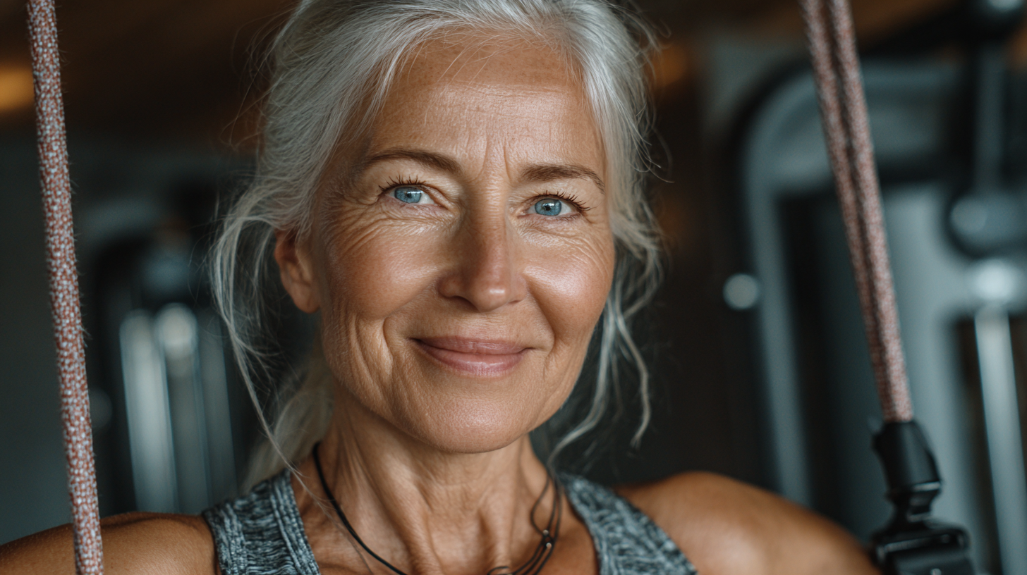 Persoană matură demonstrând flexibilitate și energie după programul de fitness